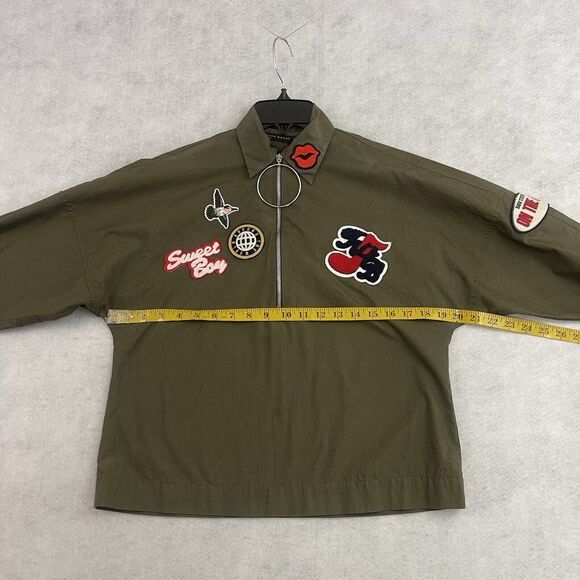Zara Cropped Jacket Womens Size XS Green Pullover Half Zip 3/4 Sleeve Patches - Picture 5 of 8